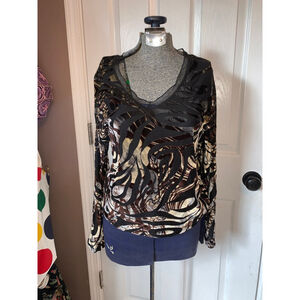 Women's Papillonblanc Black Beige Velvet Pattern Blouse L